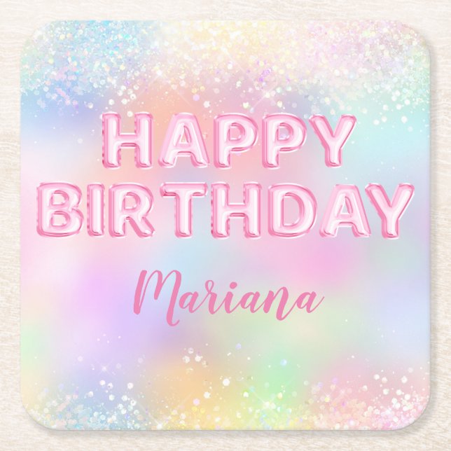 Pink Balloon Rainbow Birthday Party Square Paper Coaster (Front)