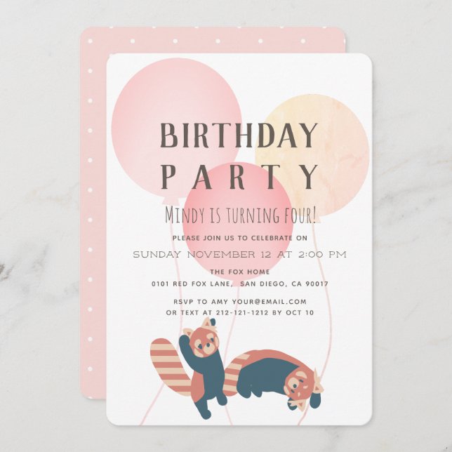 Pink Balloon & Red Panda Birthday Party Invitation (Front/Back)