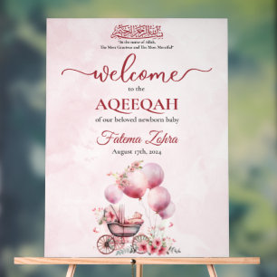 Pink Balloon Stroller Baby Girl Muslim Aqiqah Acrylic Sign