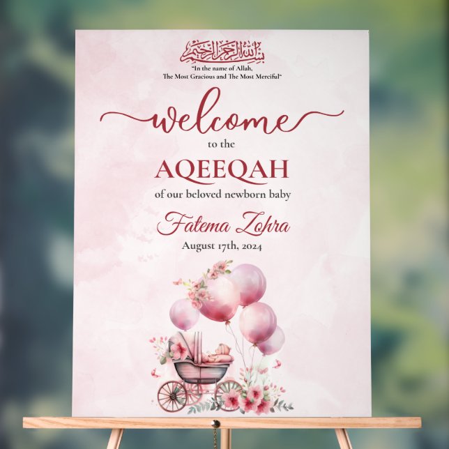 Pink Balloon Stroller Baby Girl Muslim Aqiqah Acrylic Sign (Neutral)