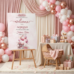 Pink Balloon Stroller Baby Girl Muslim Aqiqah Acrylic Sign
