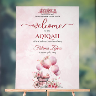Pink Balloon Stroller Baby Girl Muslim Aqiqah Acrylic Sign