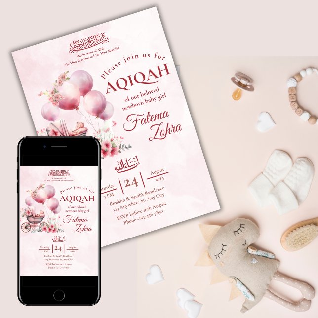 Pink Balloon Stroller Baby Girl Muslim Aqiqah Invitation (Creator Uploaded)
