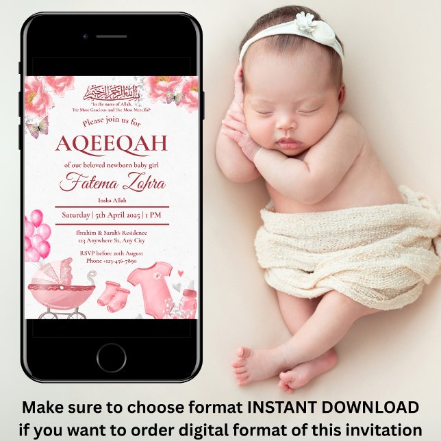 Pink Balloon Stroller Baby Girl Muslim Aqiqah Invitation (Creator Uploaded)