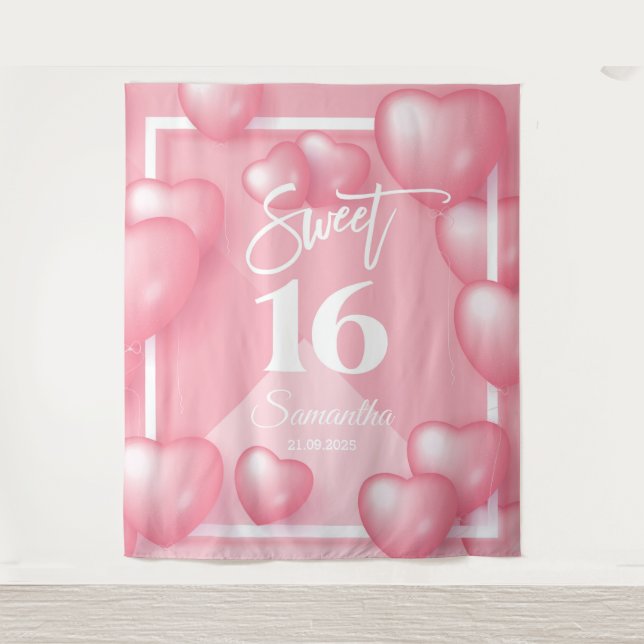 Pink balloon sweet sixteen 16th backdrop tapestry (Front)