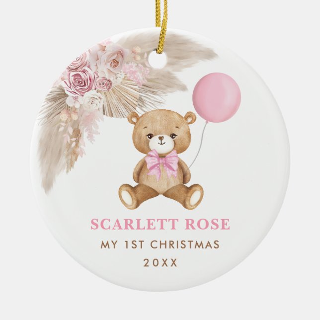 Pink Balloon Teddy Bear Baby First 1st Christmas Ceramic Tree Decoration (Front)