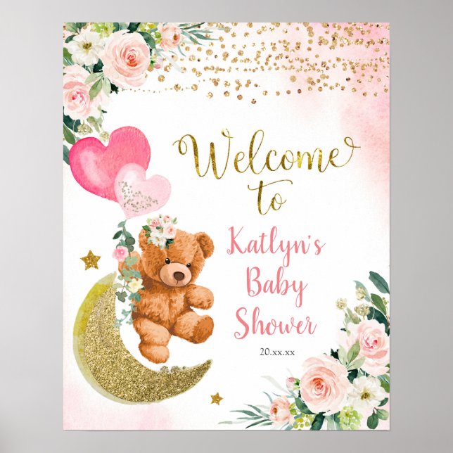 Pink Balloon Teddy Bear Baby Shower Welcome Sign (Front)