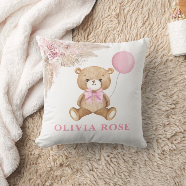 Pink Balloon Teddy Bear Boho Baby Girl Nursery Cushion (Blanket)