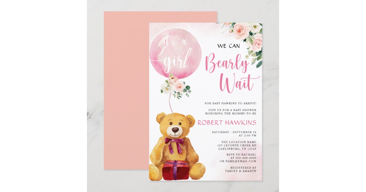 Pink Balloon Teddy bear Girl baby shower Invitation | Zazzle