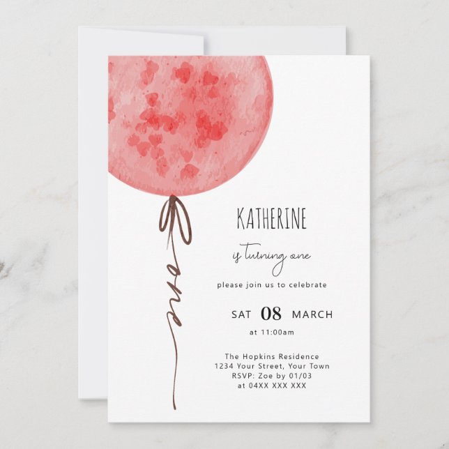 Pink Balloon Watercolor Birthday Party Invitation (Front)