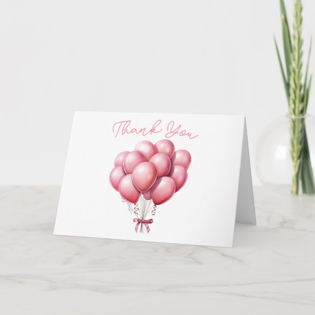Pink Balloon Watercolor Girl Baby Shower Thank You Card (Front)