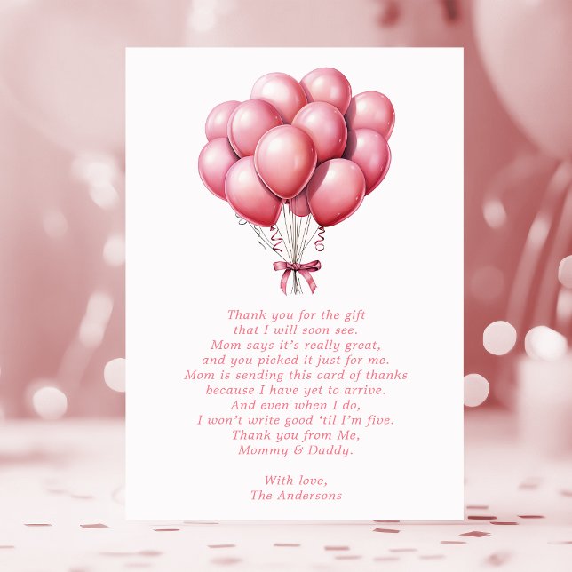 Pink Balloon Watercolor Girl Baby Shower Thank You Card (Creator Uploaded)