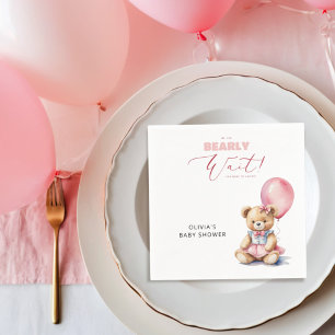 Pink Balloon We Can Bearly Wait Girl Baby Shower Napkin