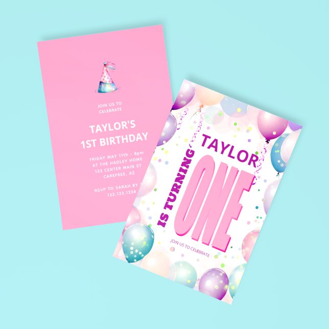 Pink Balloons 1st Turning One Birthday Invitation (Creator Uploaded)