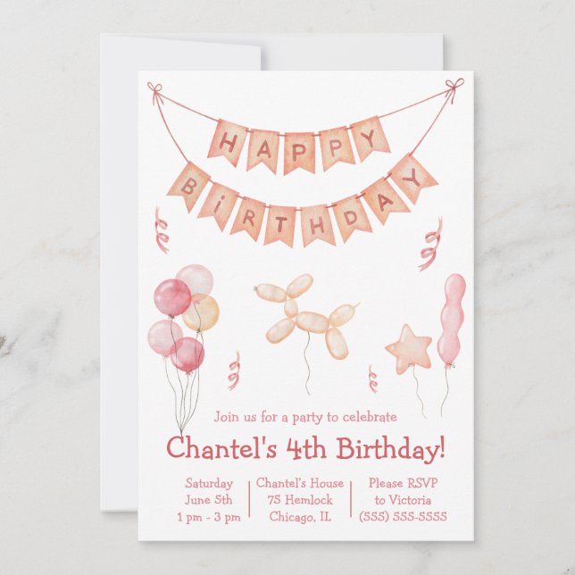 Pink Balloons and Banner Birthday Party Invitation (Front)