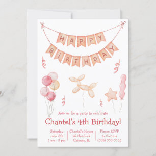 Pink Balloons and Banner Birthday Party Invitation