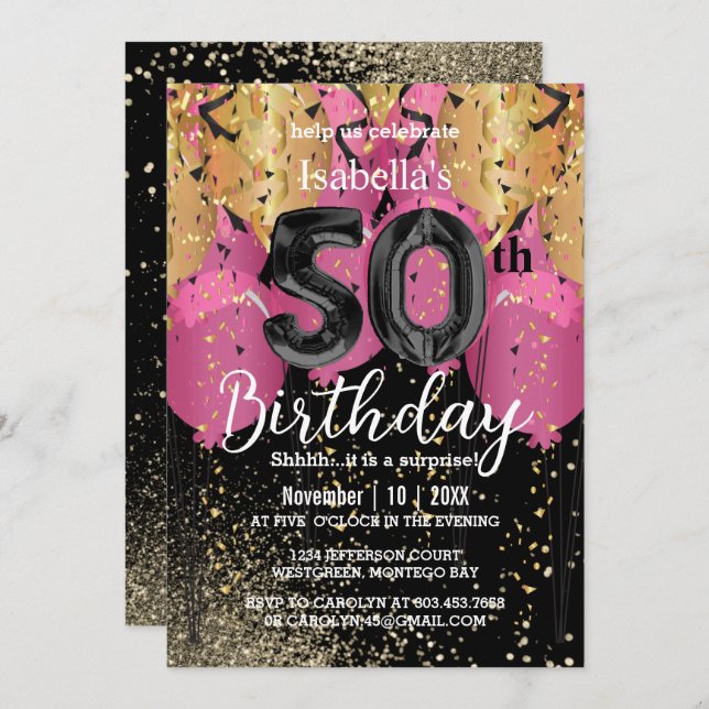 Pink Balloons and Glitter 50th Birthday Invitation (Front/Back)