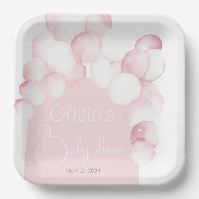 Pink balloons arch baby shower paper plate (Front)