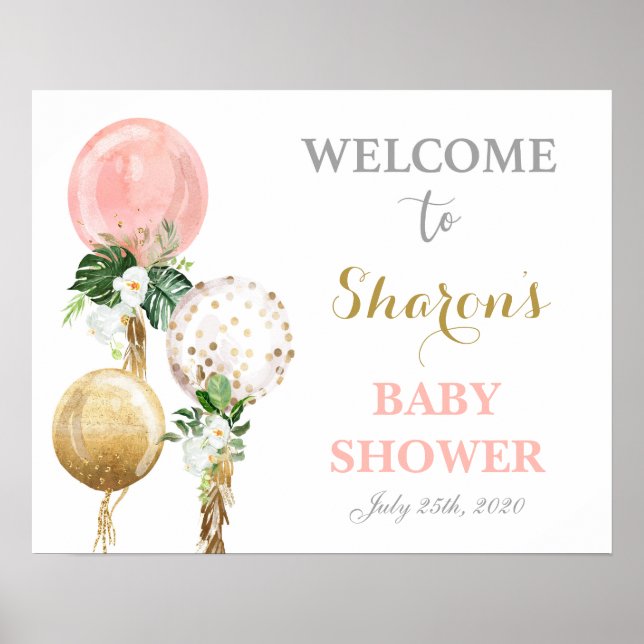 Pink balloons baby shower girl welcome sign (Front)
