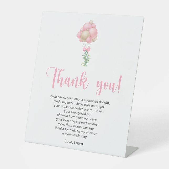 Pink Balloons Baby Shower Thank You Poem Pedestal Sign (Front)