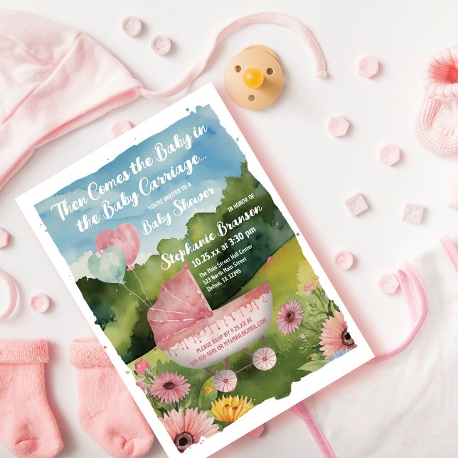 Pink Balloons Baby Stroller Watercolor Baby Shower Invitation (Creator Uploaded)