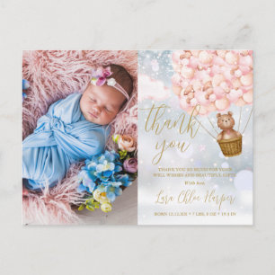 Pink Balloons Bear Thank You Photo Winter Baby Announcement Postcard