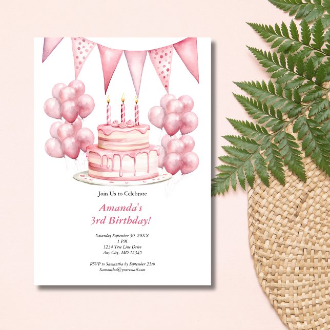Pink Balloons Birthday Cake Banner Girl 3rd Birth Invitation (Pink Birthday Cake Balloons Banner 3rd Birthday party invitation. Printed or digital download)