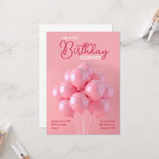 Pink Balloons Birthday Invitation