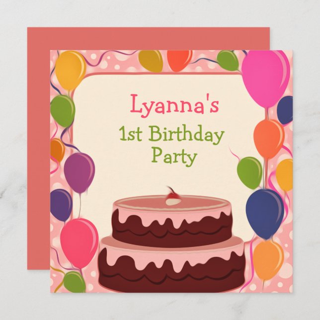 Pink Balloons Cake 1st Birthday Party Invitation  (Front/Back)