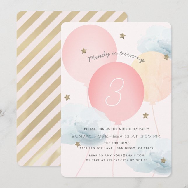 Pink Balloons & Clouds Birthday Party Invitation (Front/Back)