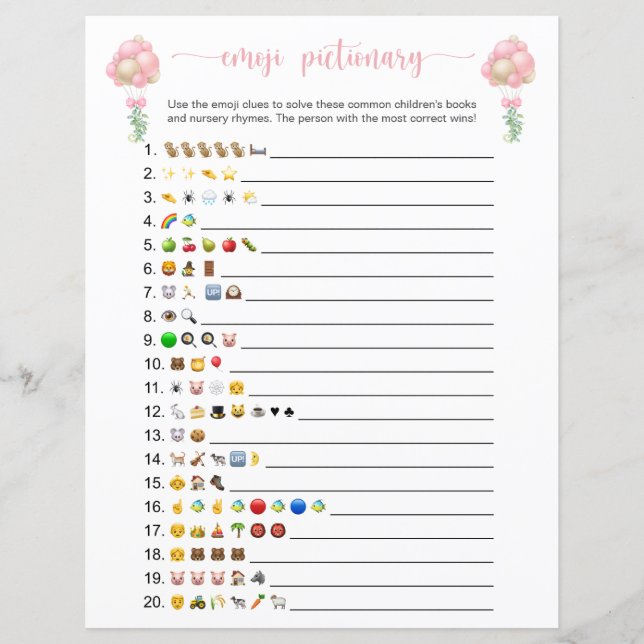 Pink Balloons Emoji Books Baby Shower Game (Front)