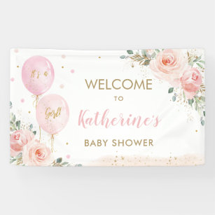 Pink Balloons Floral Baby Shower Welcome Backdrop Banner