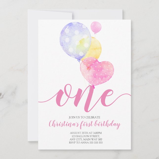 Pink Balloons Girl First Birthday One 1st Birthday Invitation (Front)