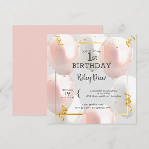 Pink Balloons Girl's 1st Birthday Invitation