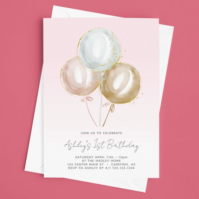 Pink Balloons Girls 1st Birthday Invitation (Creator Uploaded)