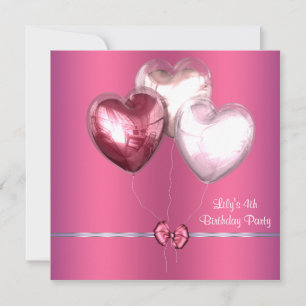 Pink Balloons Girls 4th Birthday Party Invitation