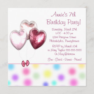 Pink Balloons Girls 7th Birthday Party Invitation