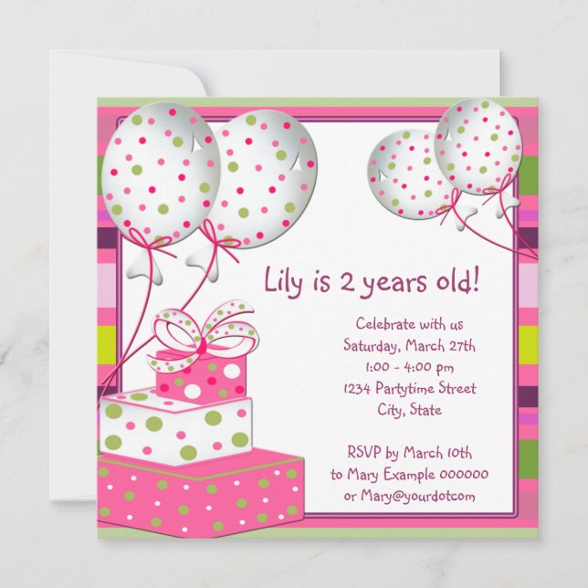 Pink Balloons Girls Pink and Green Birthday Party Invitation (Front)