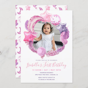 Pink Balloons Glitter Photo Girl Birthday Party Invitation