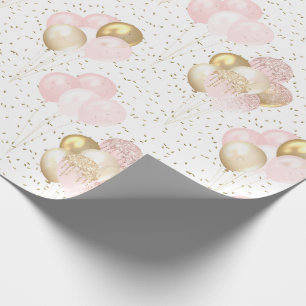 Pink Balloons Golden Glitter and Confetti Wrapping Paper
