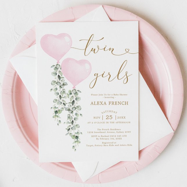 Pink Balloons Greenery Twin Girls Sweetheart Baby Invitation (Creator Uploaded)