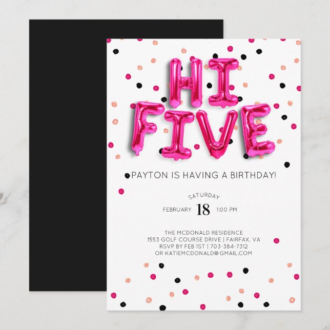 Pink Balloons | Hi Five 5th Birthday Invitation (Front/Back)