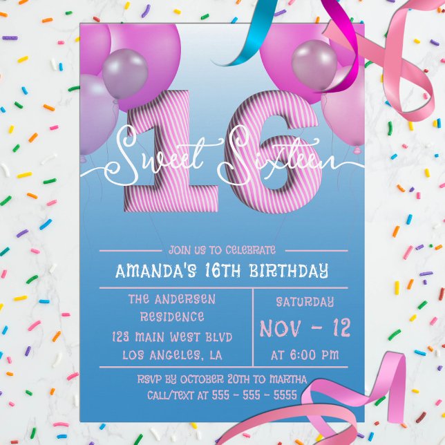 Pink Balloons In Blue Sky Sweet Sixteen Invitation (Creator Uploaded)