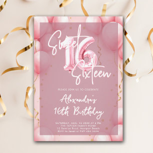 Pink Balloons Modern Calligraphy Elegant Sweet 16 Invitation