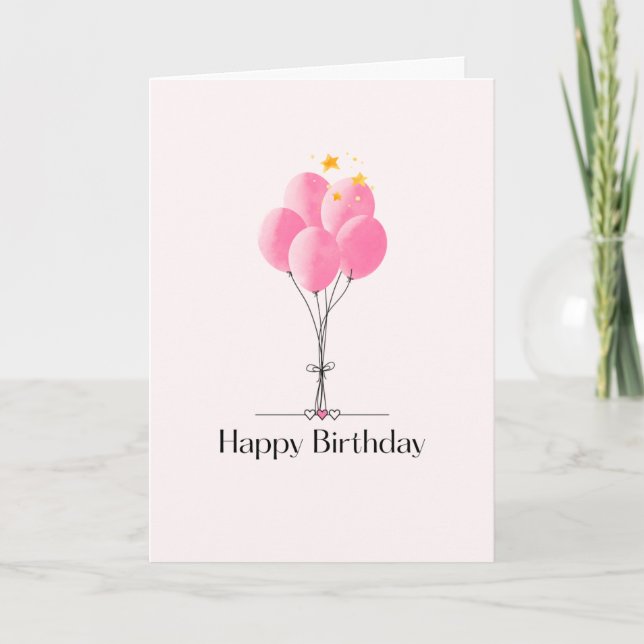Pink Balloons on string with gold Happy Birthday  Card (Front)
