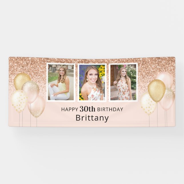 Pink Balloons Photo 30th Glitter Birthday Banner (Horizontal)