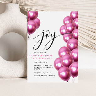 Pink Balloons Pink 16th Joy Happy Birthday Invitation
