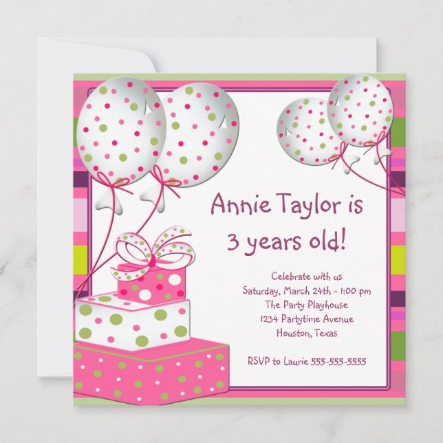 Pink Balloons Presents Girls 3rd Birthday Party Invitation (Front)