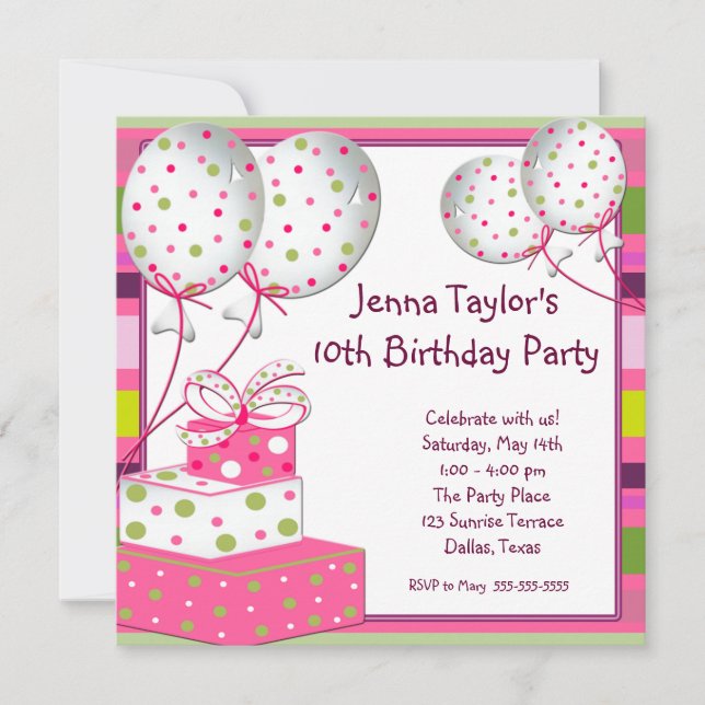 Pink Balloons Presents Girls Birthday Party Invitation (Front)