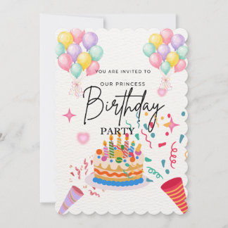 Pink balloons princess birthday invitation 